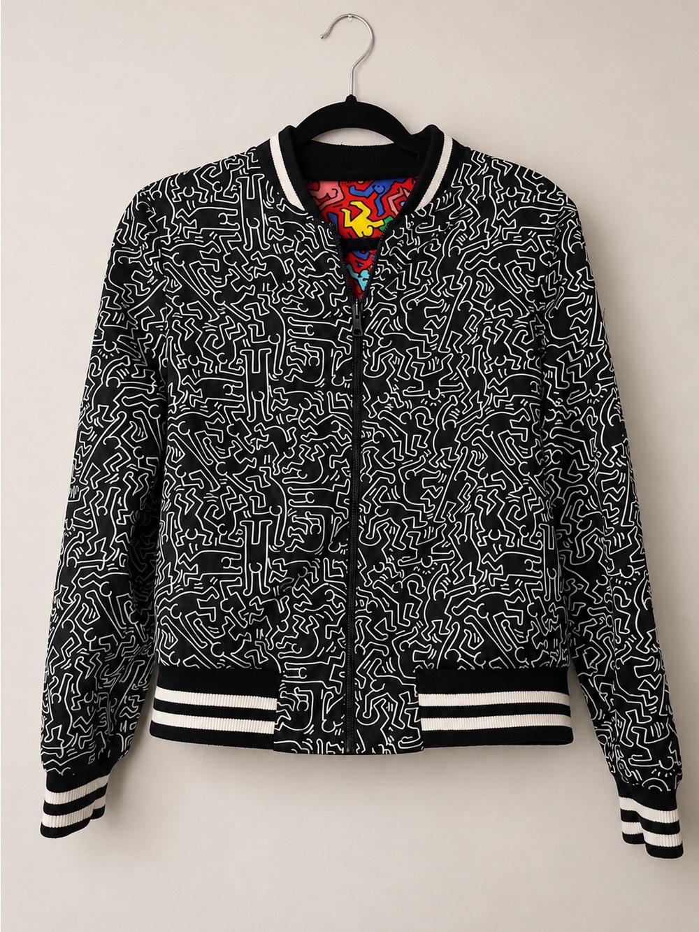 Alice + Olivia x Keith Haring Lonnie Reversible Silk Bomber Jacket Emily Paris
